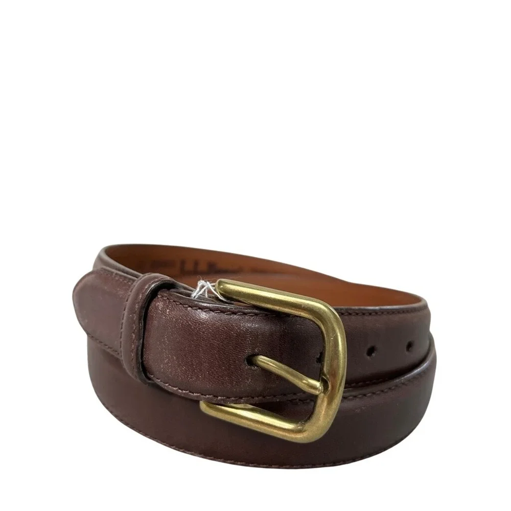 LL Bean Mens Chino Belt 42 Chocolate Brown Full Grain Leather Brass Buckle 2809